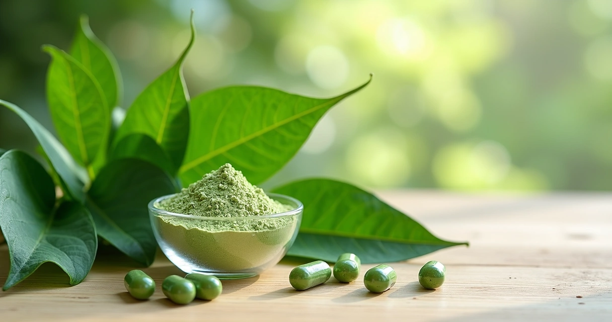 Folhas frescas de moringa sobre uma mesa de madeira clara, com produtos em pó e cápsulas ao lado, em ambiente iluminado e natural 