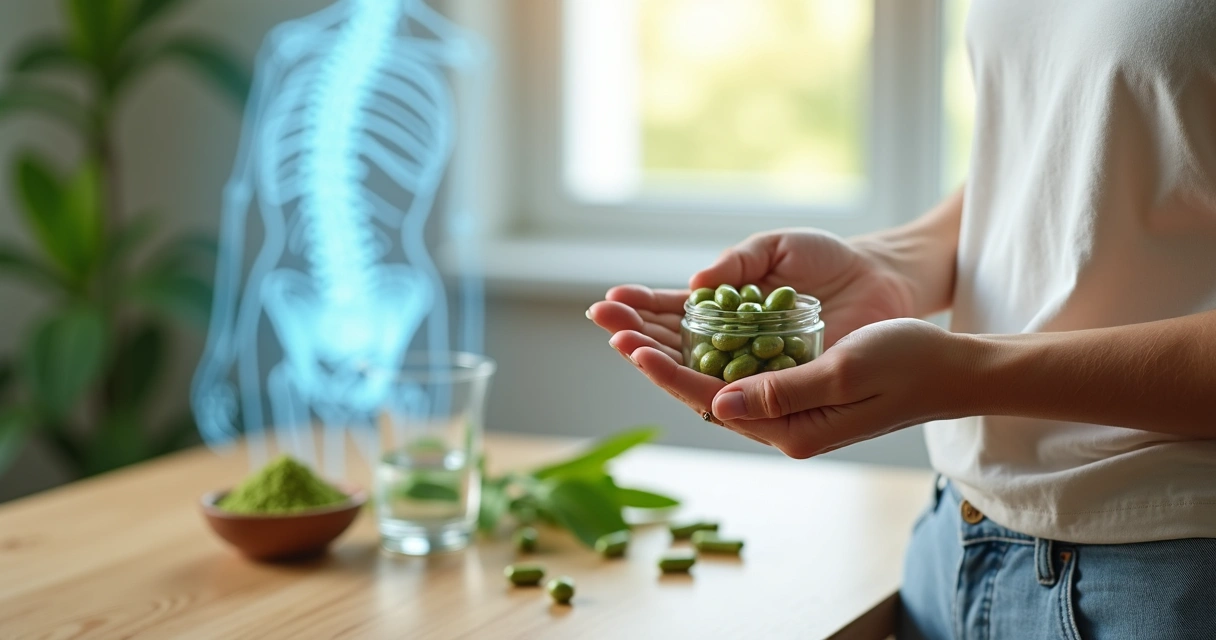 Adulto segurando cápsulas de moringa ao lado de ilustração de ossos saudáveis 