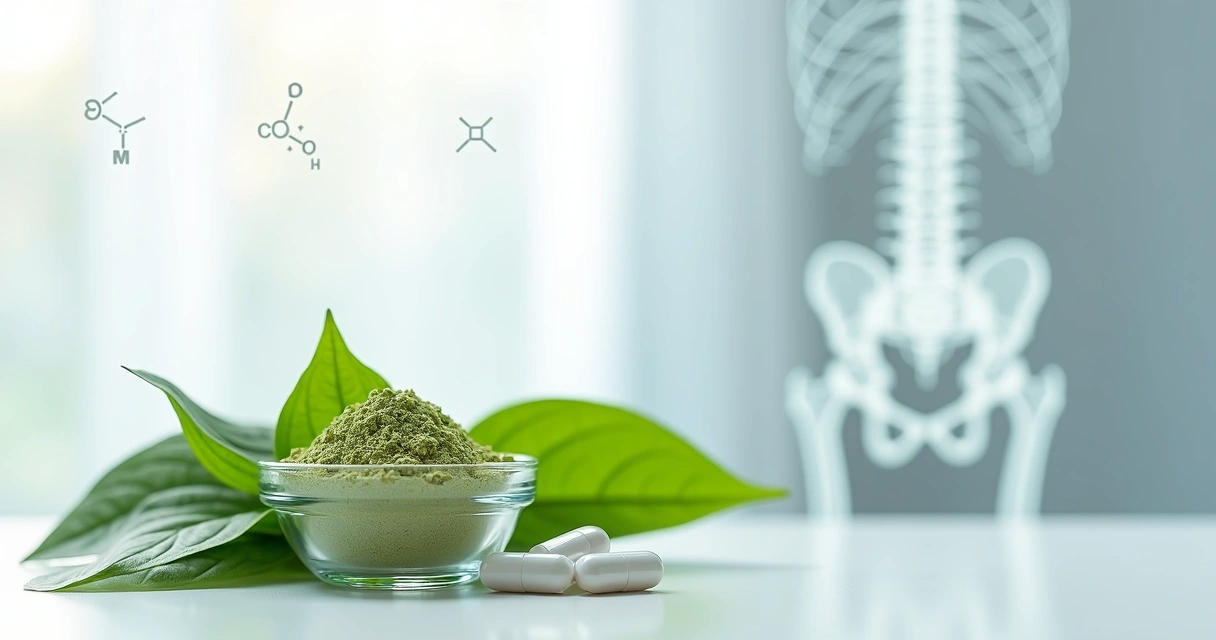 Folhas de moringa ao lado de raio X ilustrativo de ossos em fundo branco limpo 