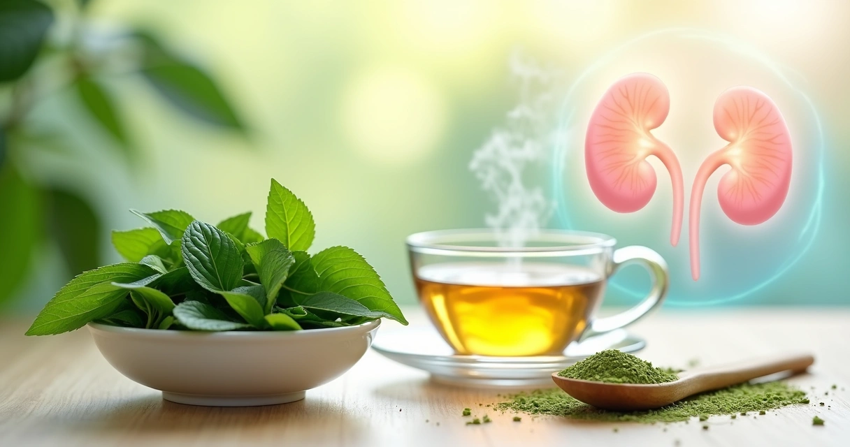 Folhas de moringa frescas ao lado de chá e ilustração discreta de rins saudáveis 