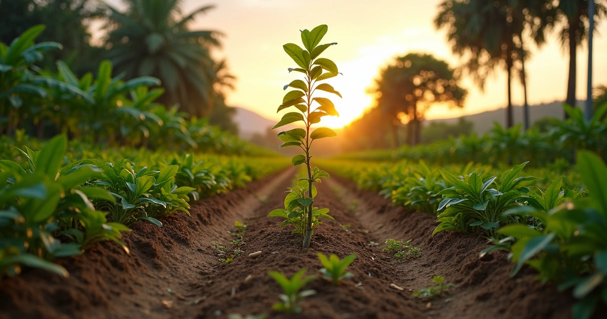 Fileira de moringas jovens em sistema agroflorestal tropical ao nascer do sol 