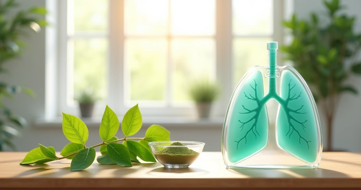 Folhas de moringa ao lado de ilustração dos pulmões em tons suaves de verde 