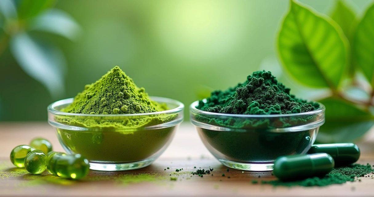 Close-up de cápsulas e pó verde de moringa e spirulina disponiveis lado a lado 