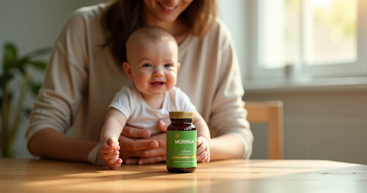 Mãe segura bebê próximo a frasco de suplemento de moringa 