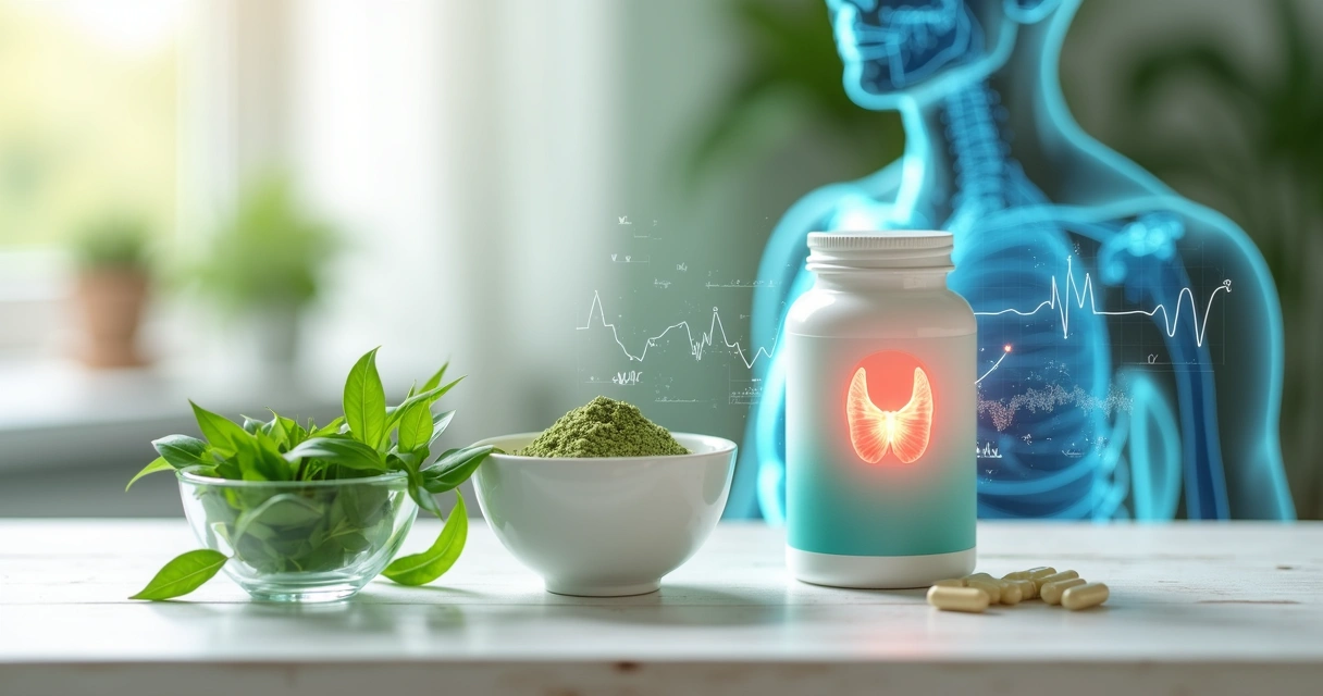 Folhas de moringa ao lado de ilustração da tireoide em destaque 