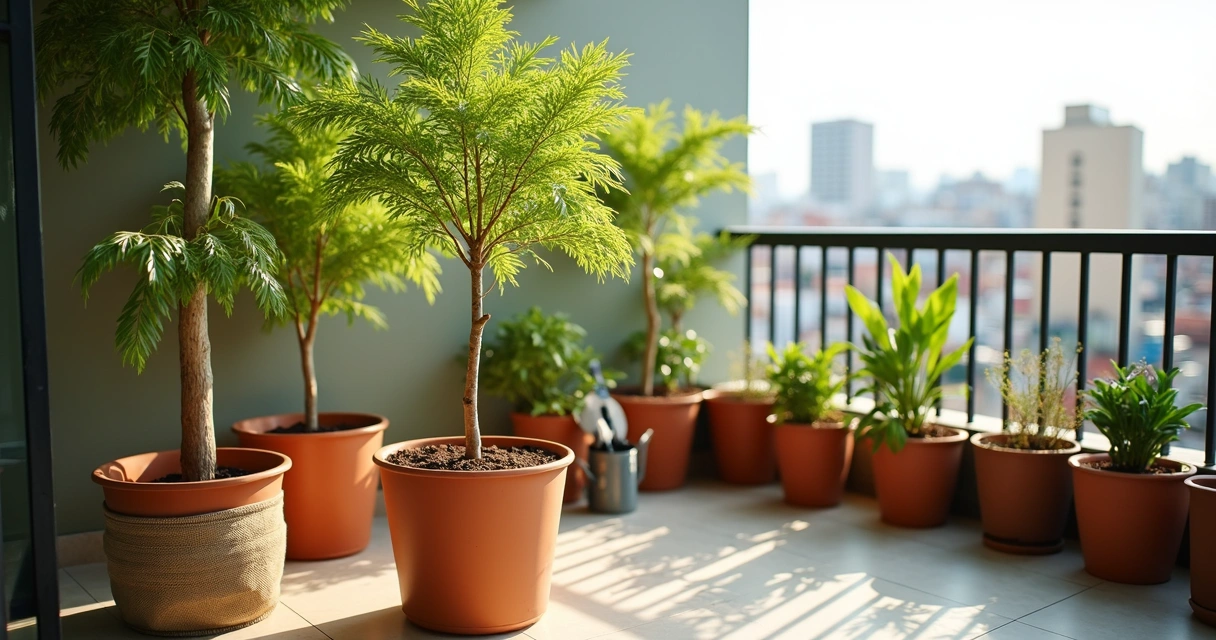 Mudas de moringa crescendo em vasos em uma varanda urbana ensolarada 