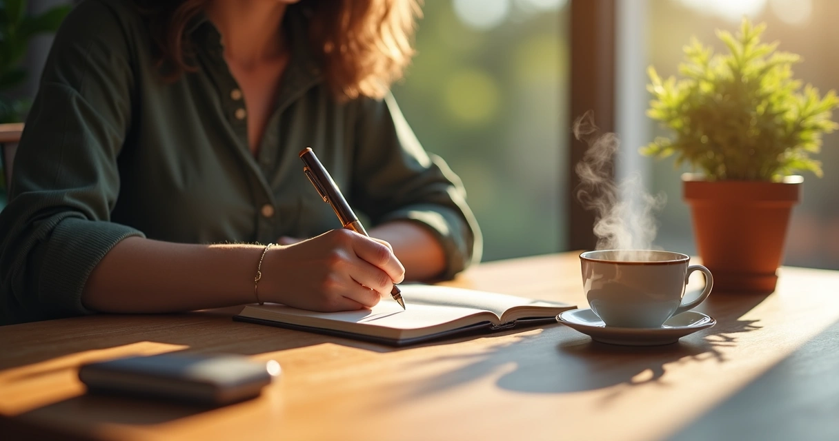 Person practicing a morning alignment routine with a journal and cup of tea