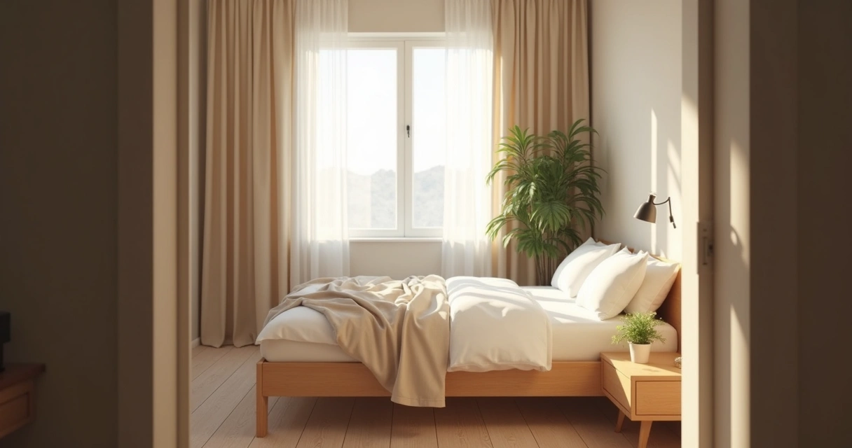 Sunlit bedroom with a neatly made bed and open curtains