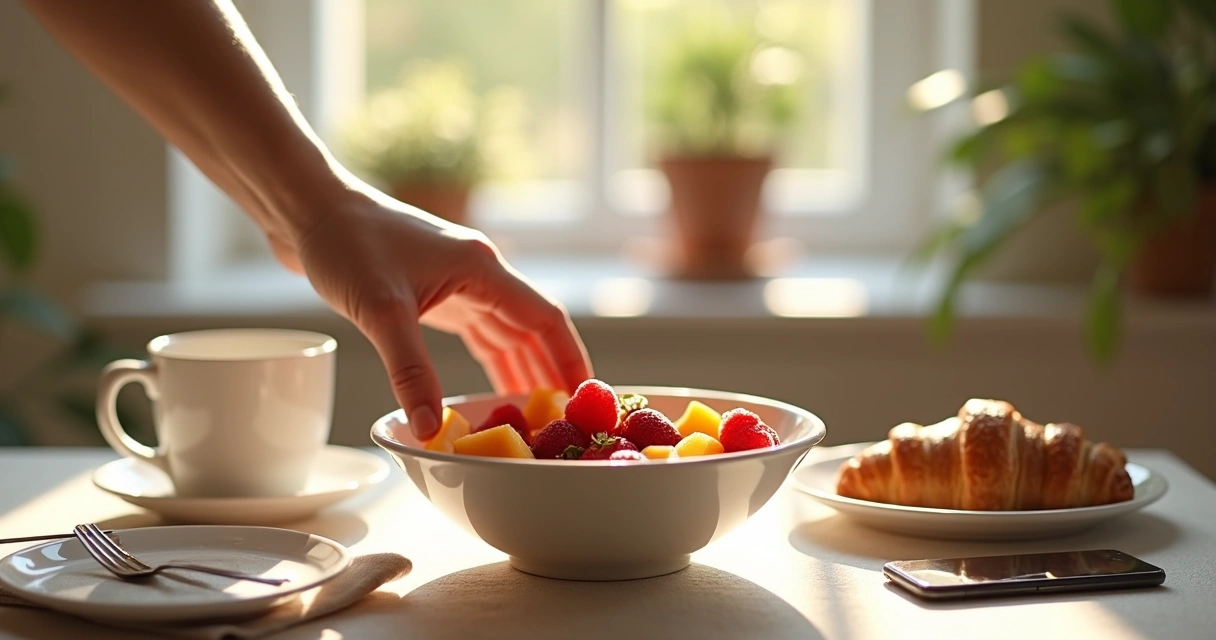 Choosing between fruit and pastry on breakfast table 