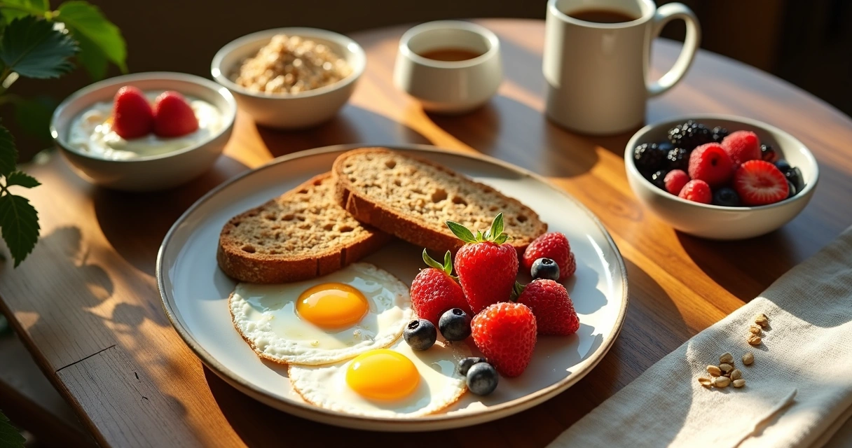 Breakfast table with whole grain toast, eggs, and fruit 