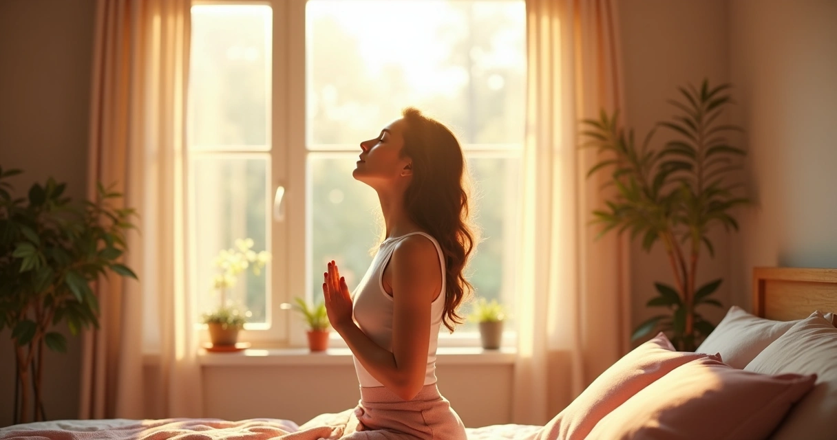 Person practicing morning breathing routine by window, soft sunlight 