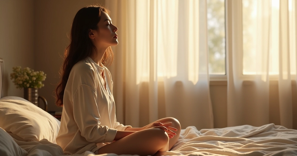 Person sitting cross-legged in a bright bedroom, eyes closed, practicing slow morning breathing 