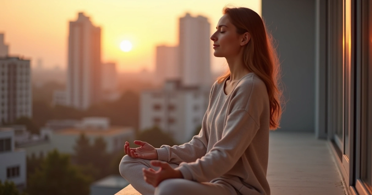 Woman practicing slow breathing on a balcony in the morning