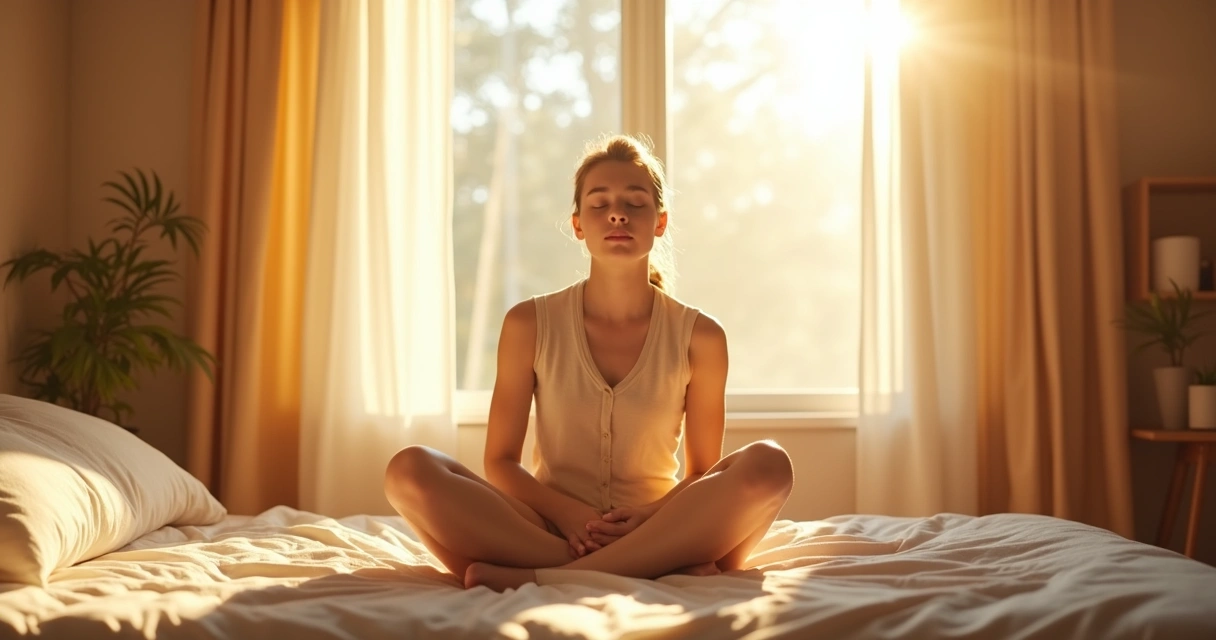 Person sitting on a bed with sunlight streaming through a window, practicing morning breathing