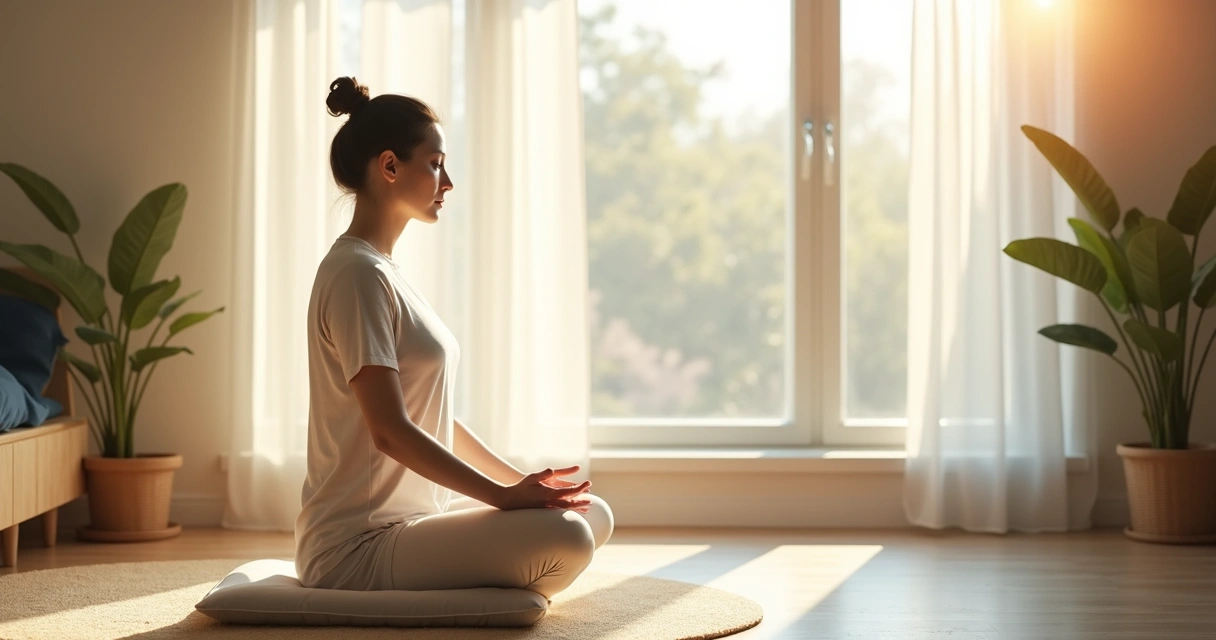 Person seated by a window doing a calm morning breathing practice 