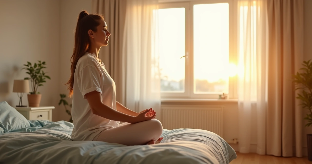 Person sitting by a window practicing morning breathing 