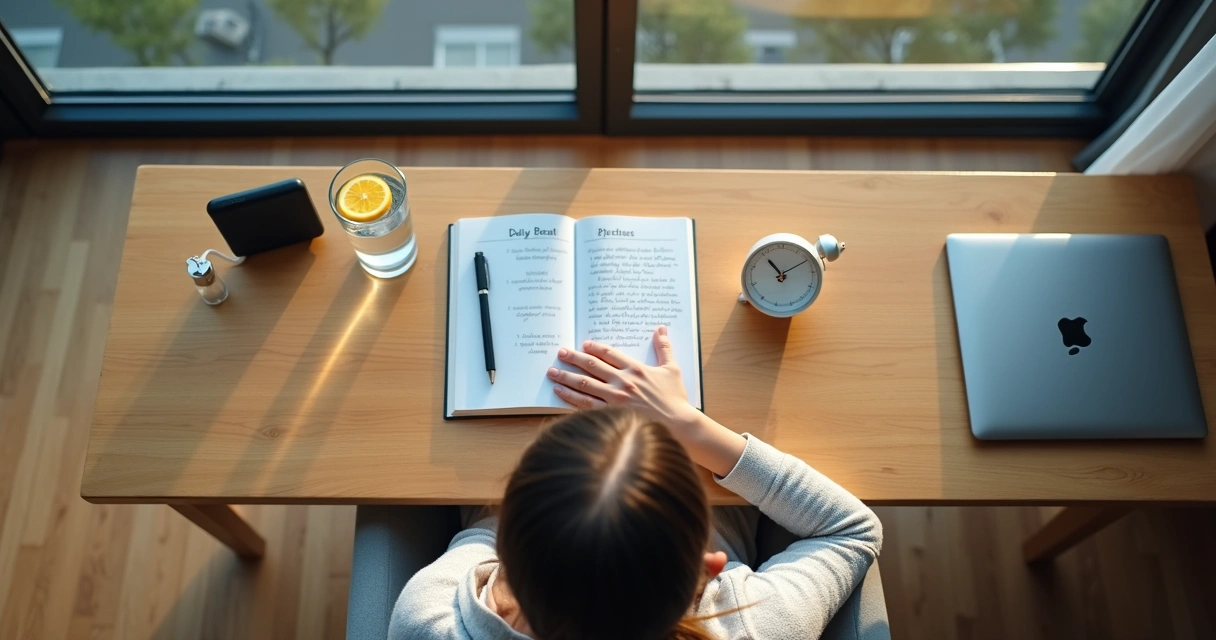 Overhead view of a person seated at a desk practicing a structured morning breathwork ritual 
