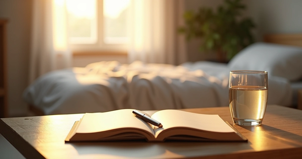 Open journal and glass of water by a bright morning window