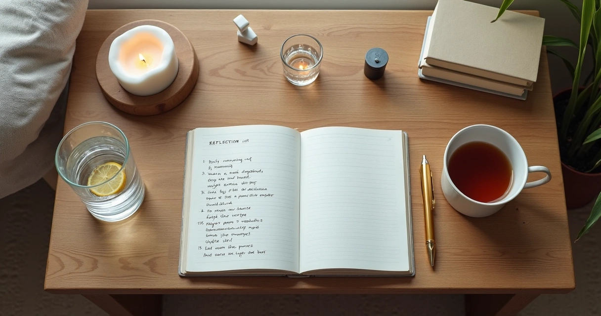 Overhead view of a desk with journal tea and symbols of daily rituals 