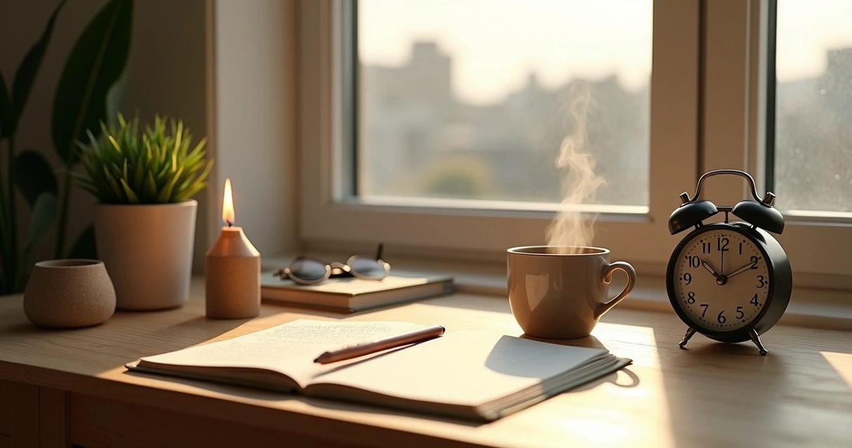 Cozy desk with symbolic objects representing daily consciousness rituals 