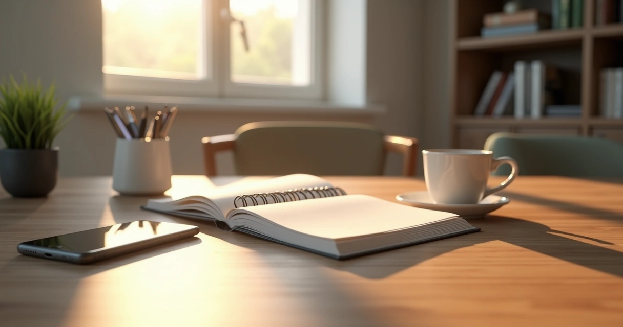 Neatly arranged desk with journal, cup, and phone in morning light