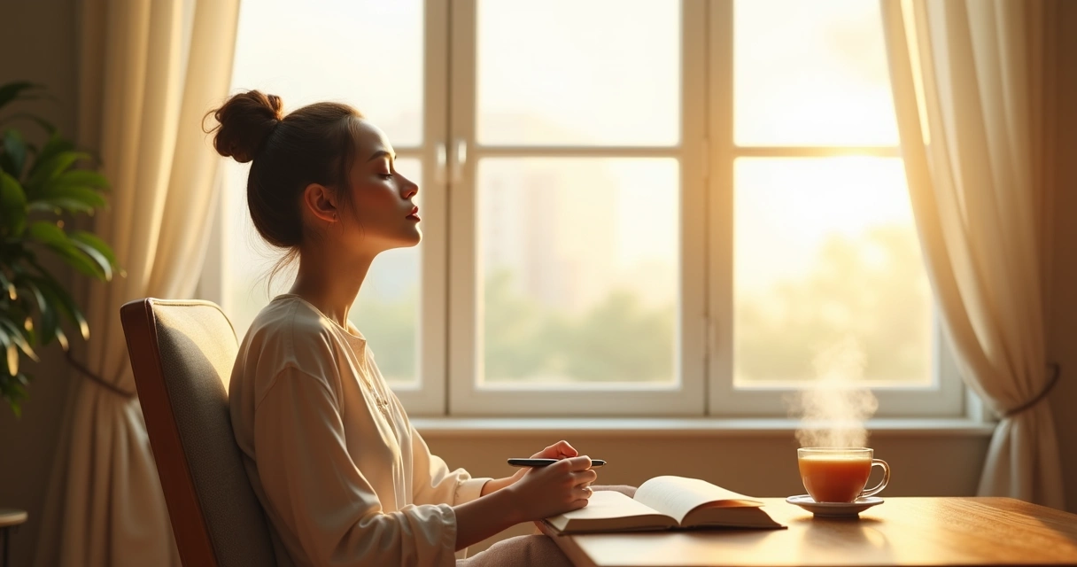 Person sitting in sunlight, eyes closed, holding a journal in their lap 