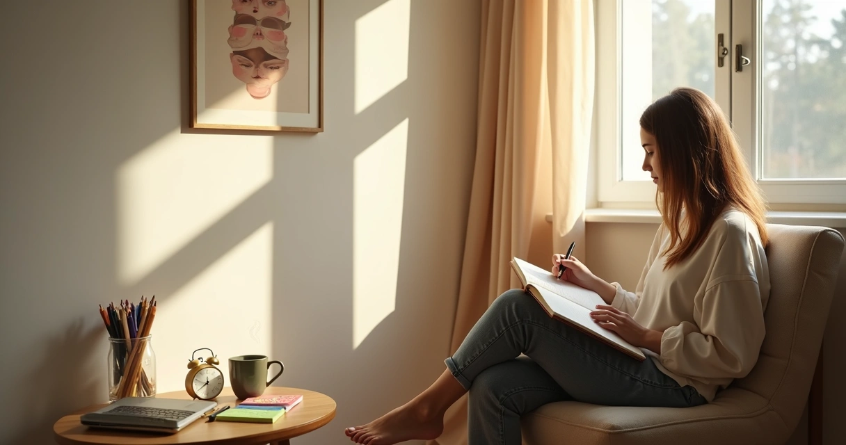 Person doing a morning emotional check-in with a journal by a bright window 