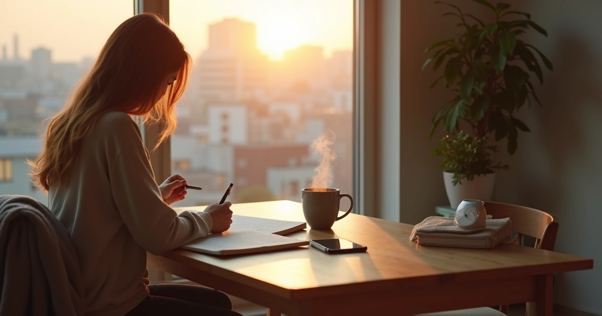 Person journaling by a window during a calm sunrise morning 