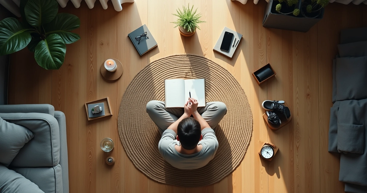 Daily rituals displayed around a person on a circular rug 