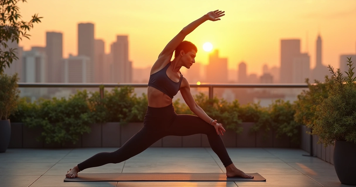 Person stretching on a balcony overlooking a city at sunrise 