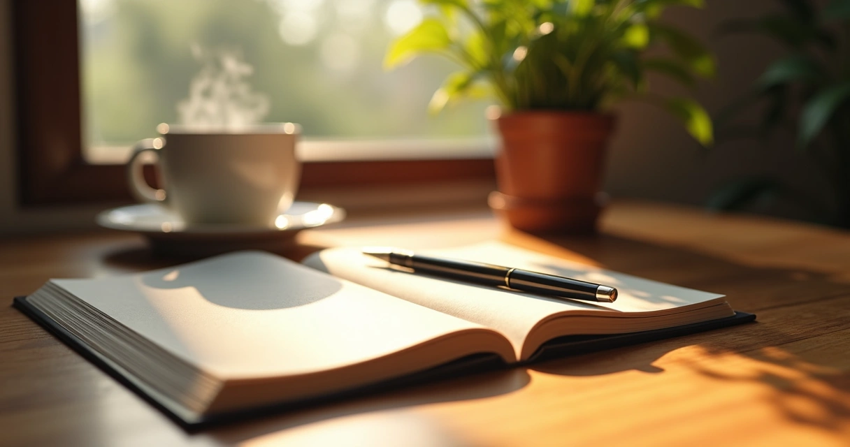 Notebook and pen on a sunlit table