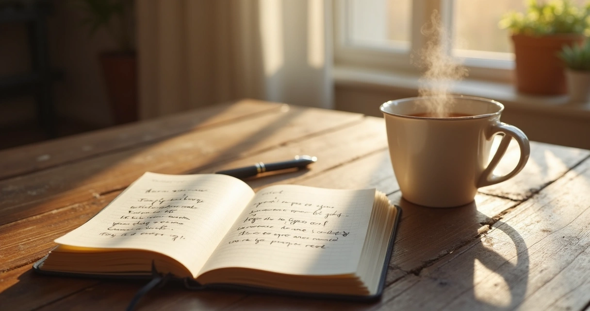Open gratitude journal on table beside coffee mug 