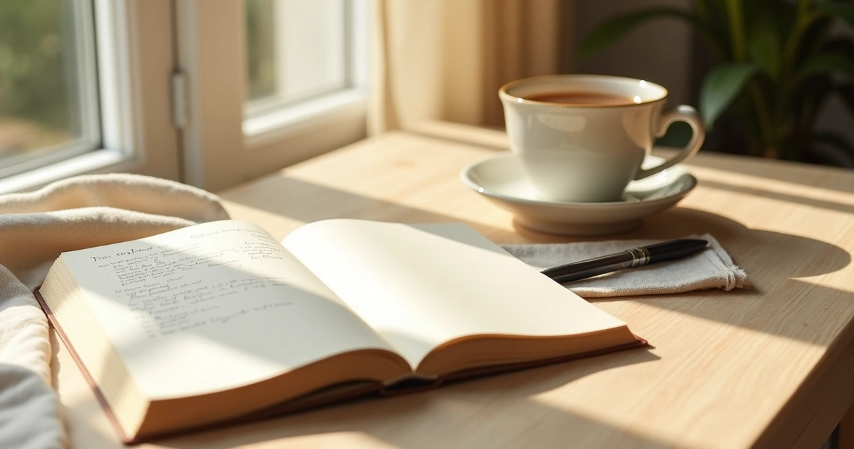 Journal, tea, and soft morning light on a table