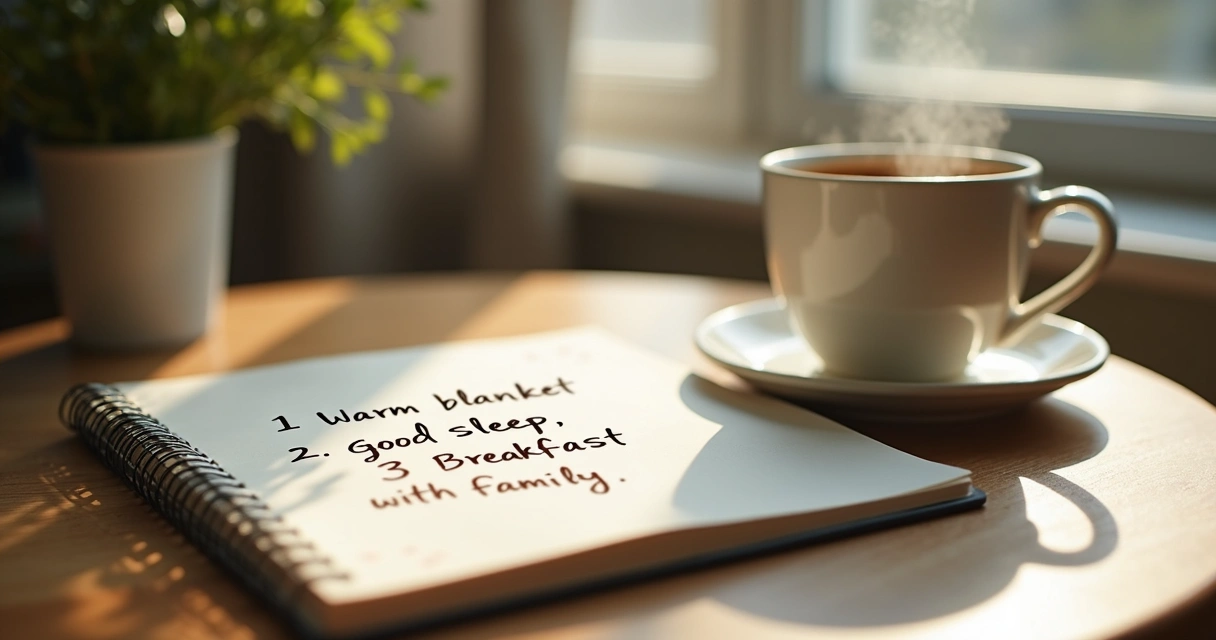 Notebook with handwritten gratitude list and coffee cup on table 