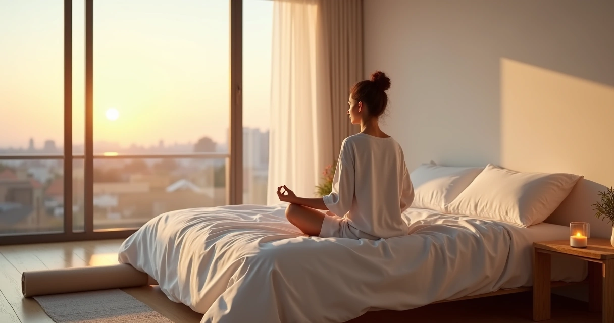 Person sitting on a bed at sunrise practicing a calm morning grounding ritual 