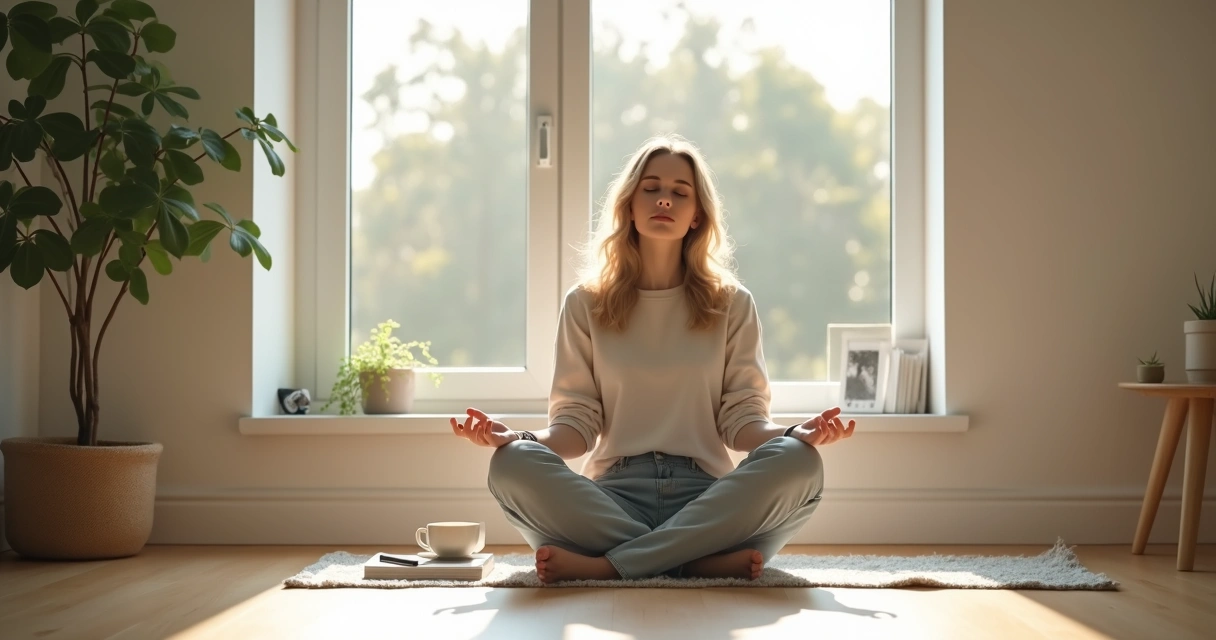Person sitting cross-legged near a window focusing on morning intentions