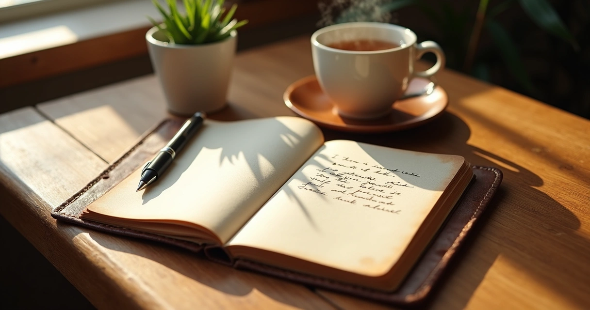 Journal with handwritten intentions and cup of tea on wooden table 