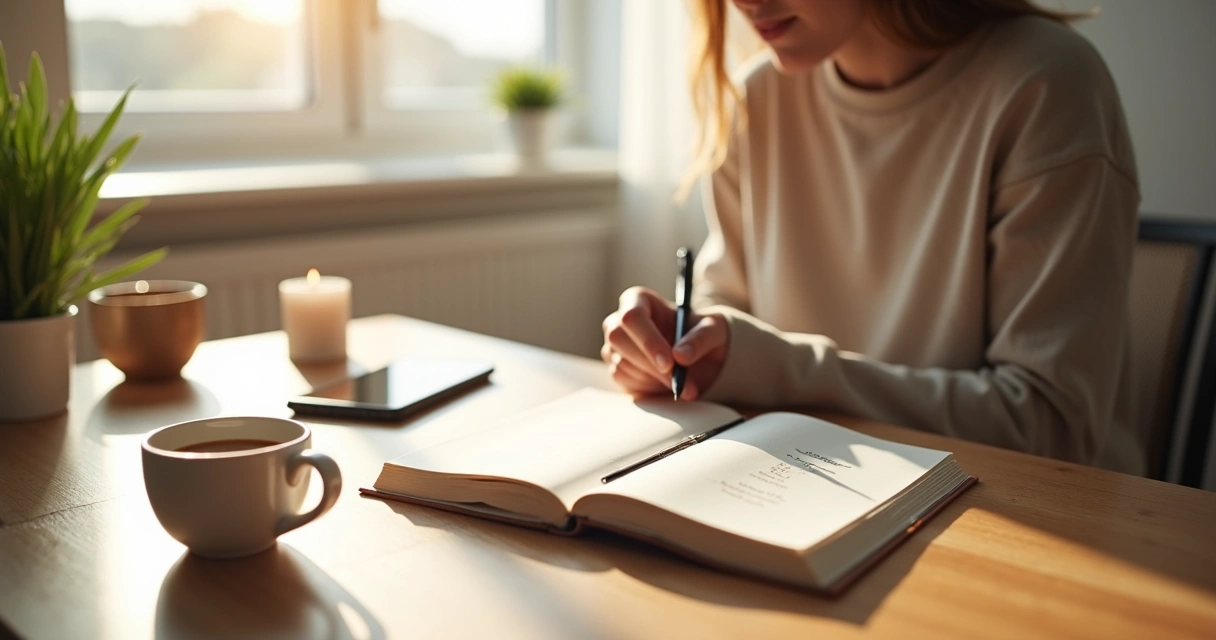 Person starting the day with an intentional morning routine at a calm desk 