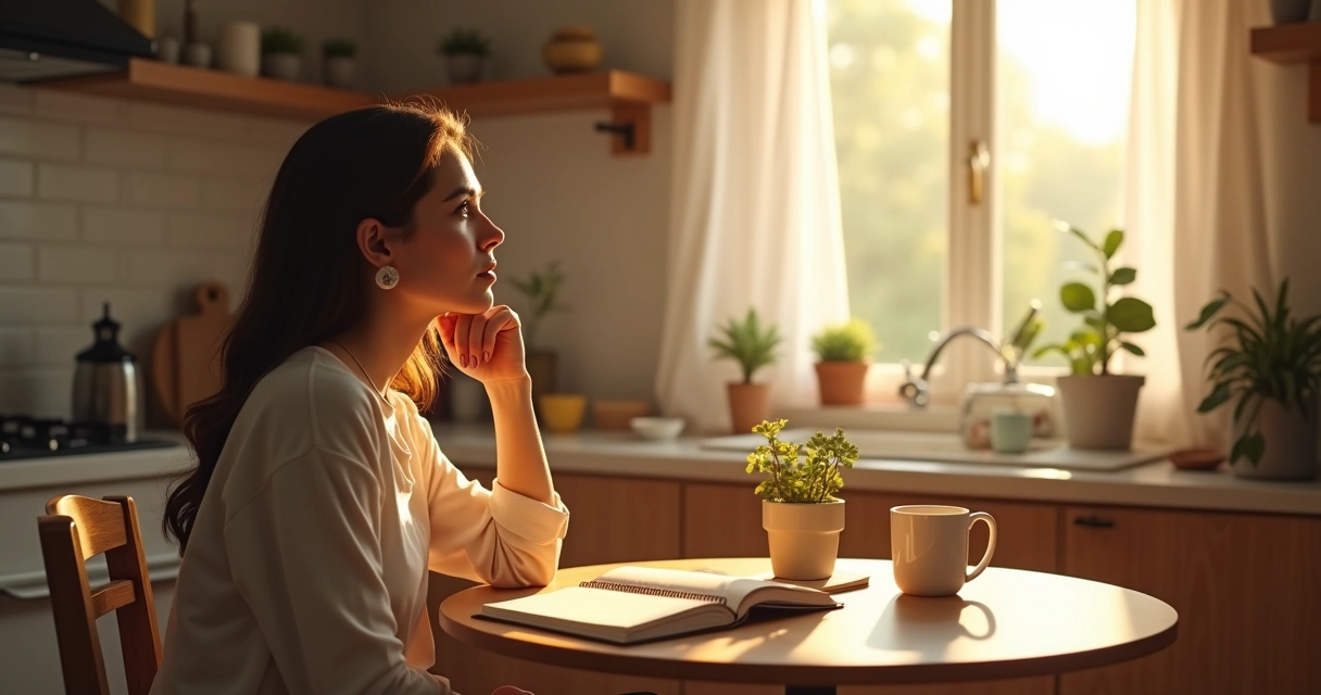 Person sitting at a kitchen table with a journal and coffee, looking thoughtful in the soft morning light. 