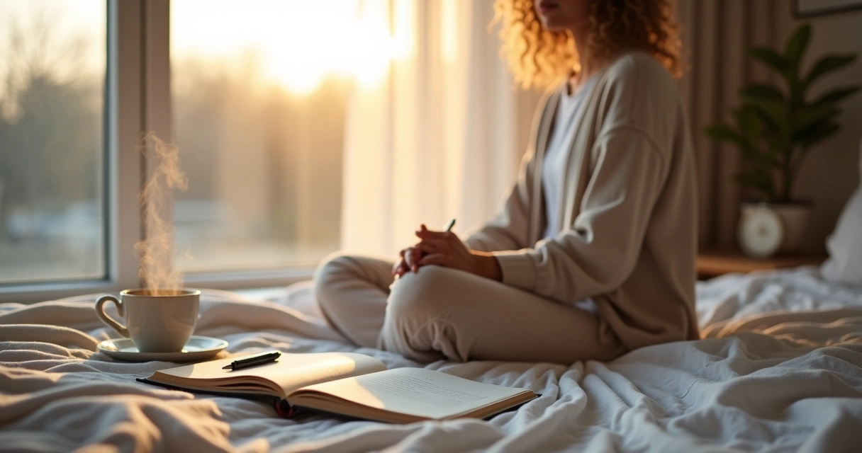 Person journaling morning intentions by a window with sunrise light 
