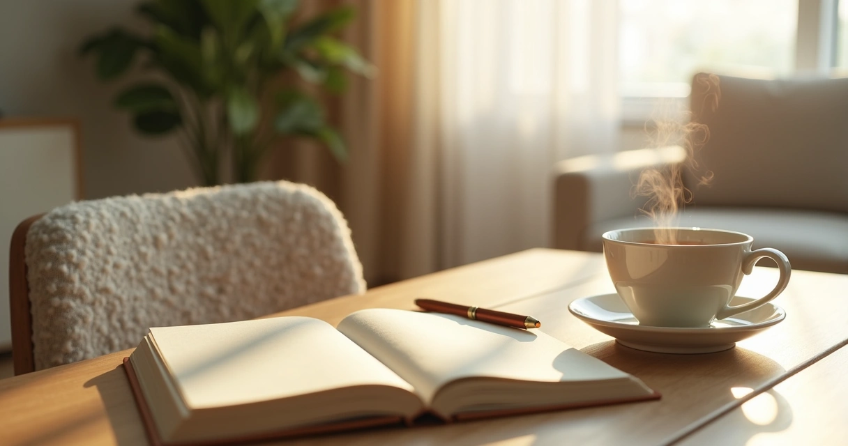 Open journal, tea, and calm morning breathing space on a table 