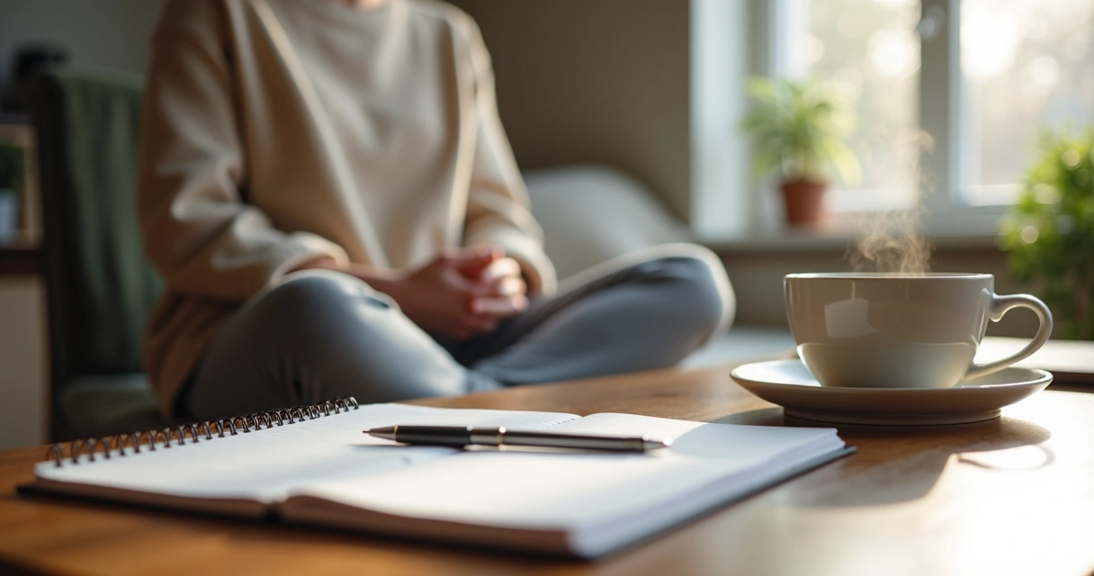 Notebook, tea, and calm morning breathing practice on a desk 