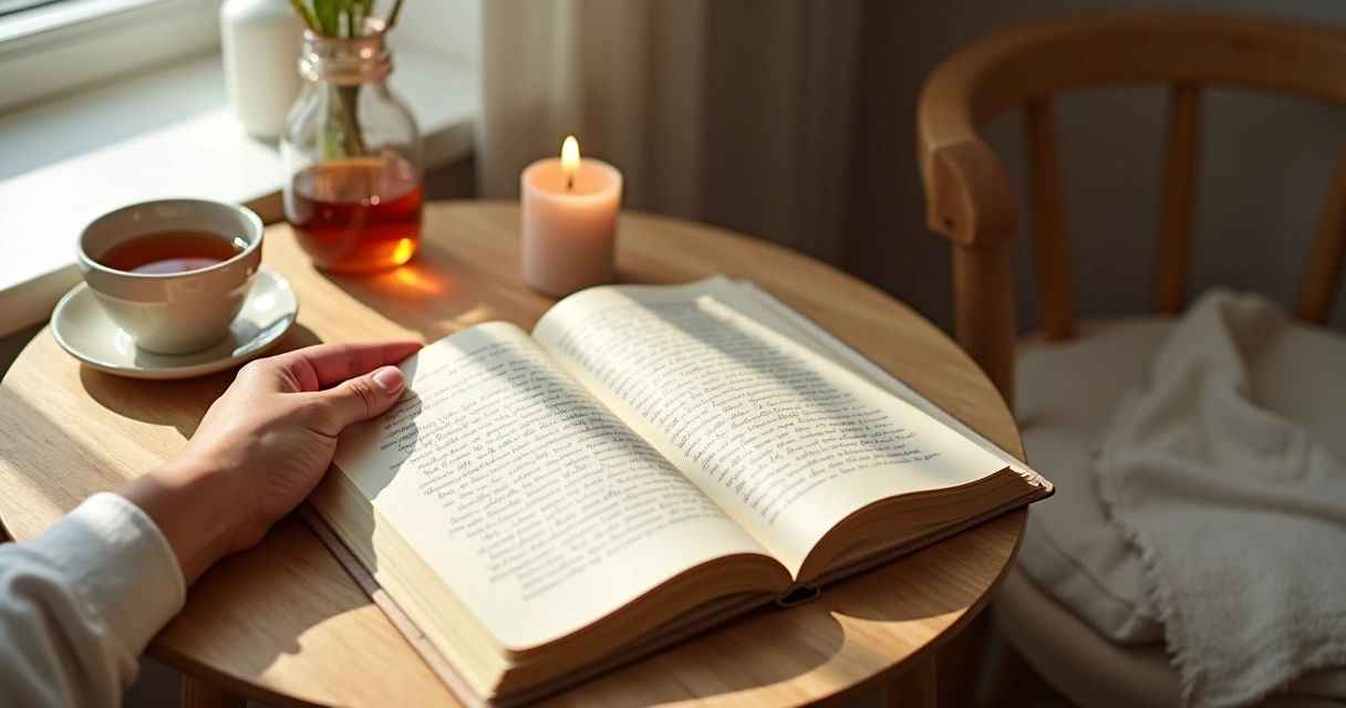 Journal and candle on a quiet morning table