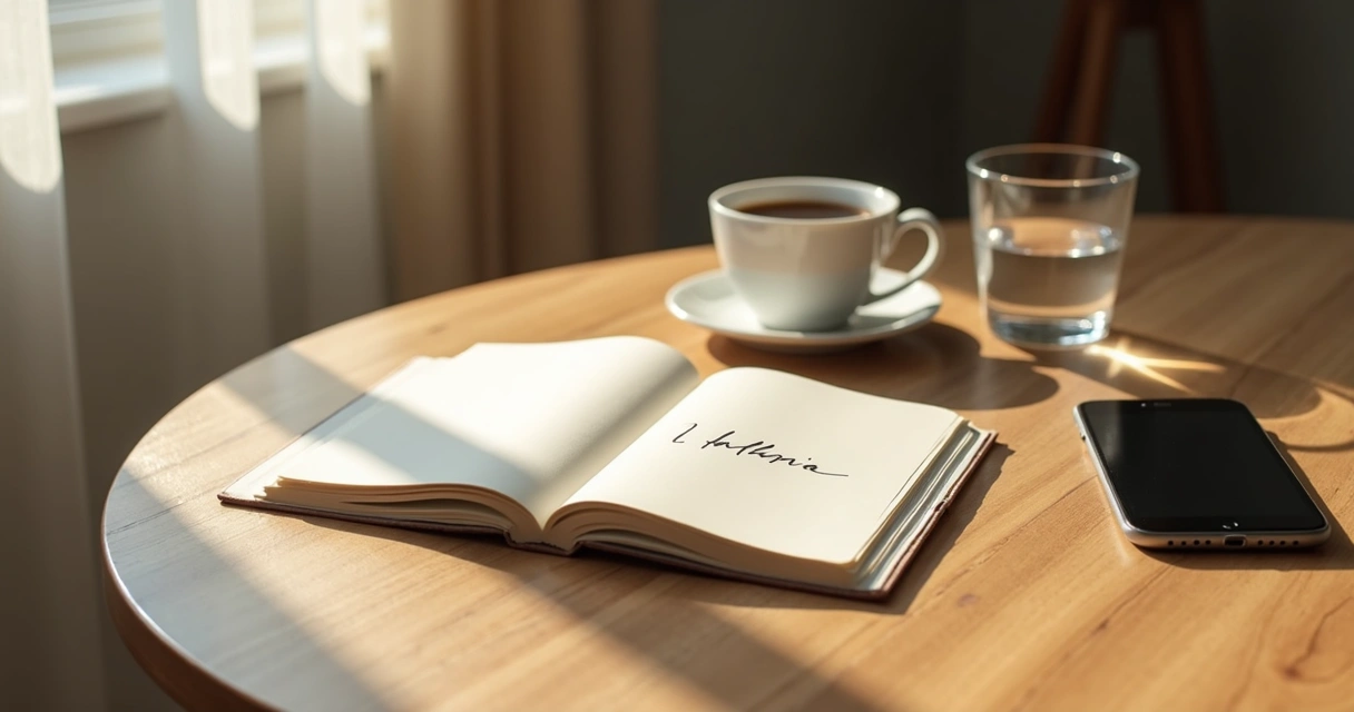 Notebook and coffee on a quiet morning table