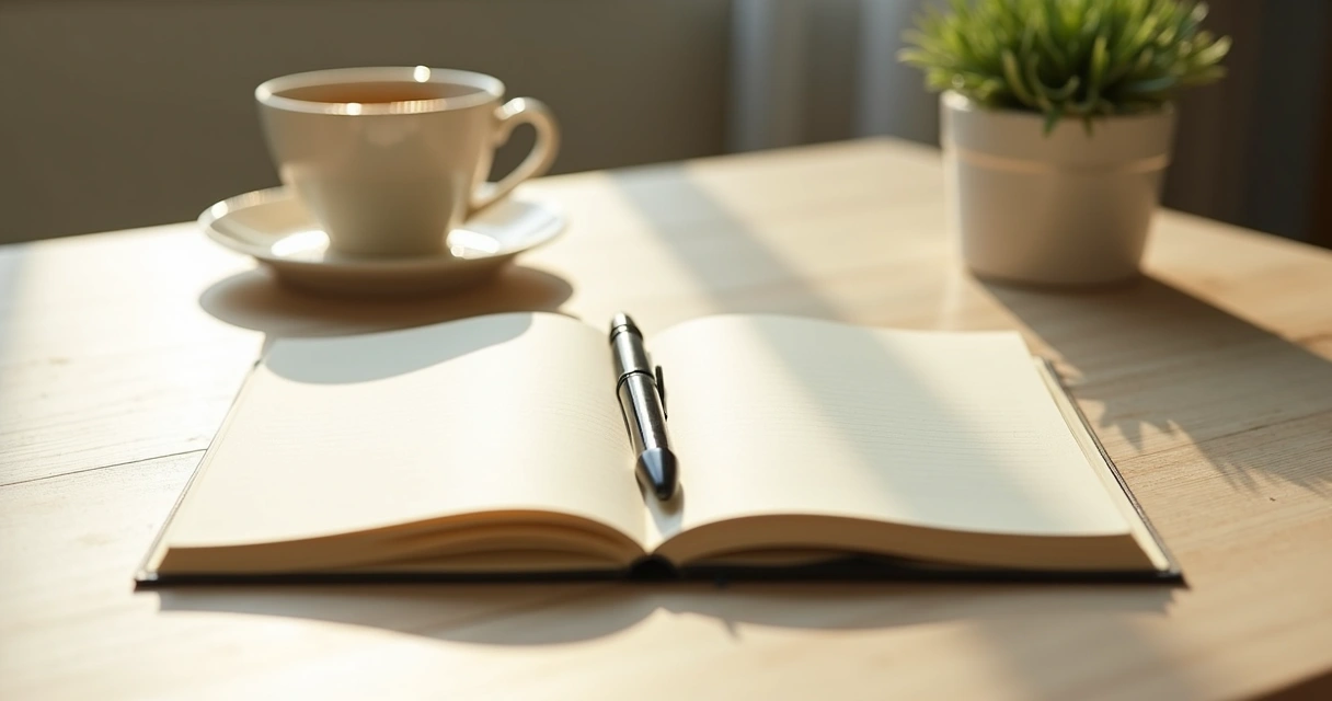Open journal and pen on a quiet morning desk 