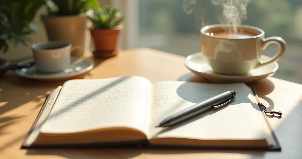 Open journal and tea on a quiet morning desk