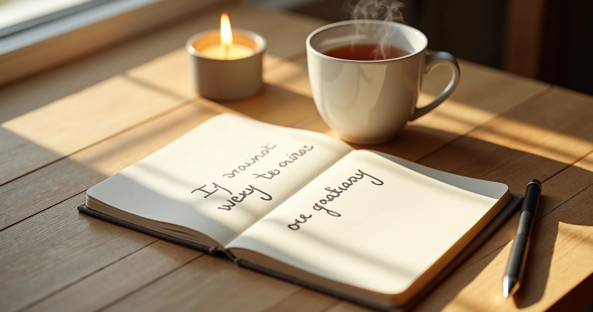 Notebook, tea, and candle on a morning desk