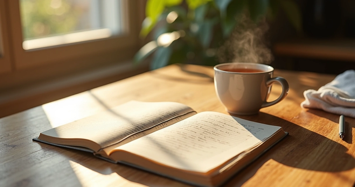 Open journal, tea, and soft morning light on a wooden table 