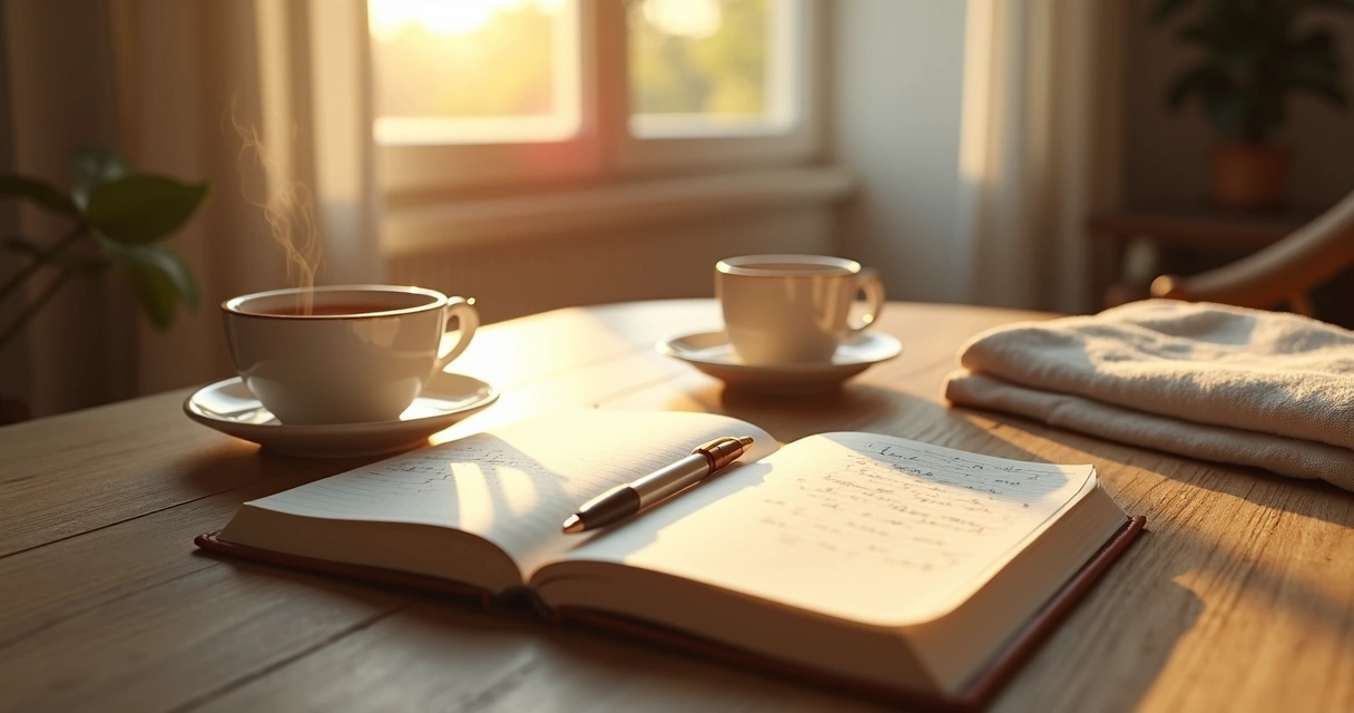 Journal and tea by a window at sunrise