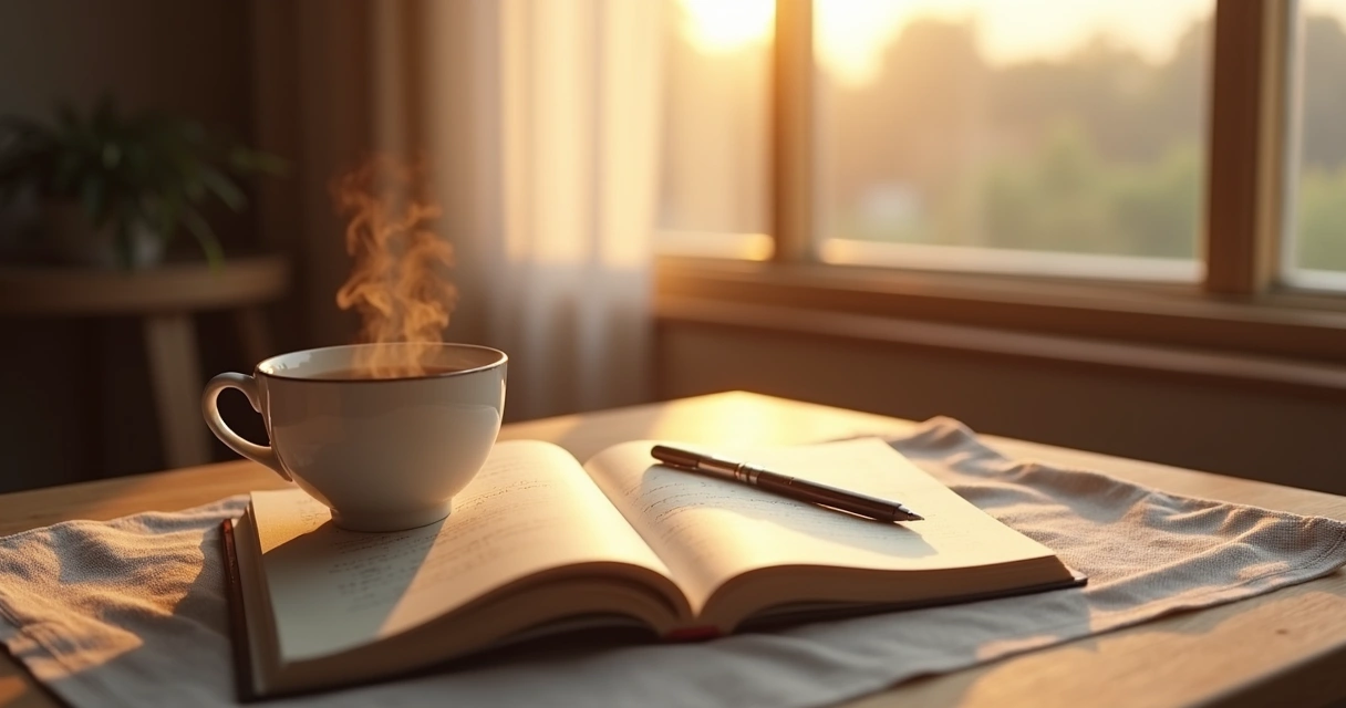 Notebook and tea by a window in soft morning light 